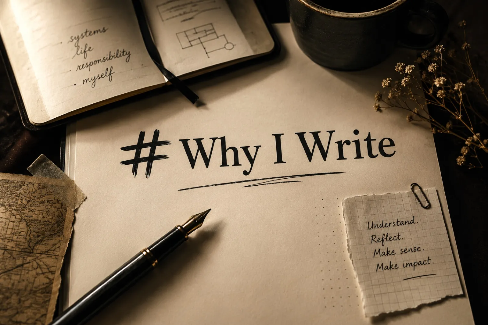 A fountain pen on a page headed Why I Write, beside an open notebook