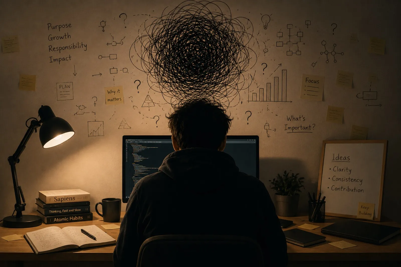 A desk at night under a wall of notes, a tangle of scribbles overhead
